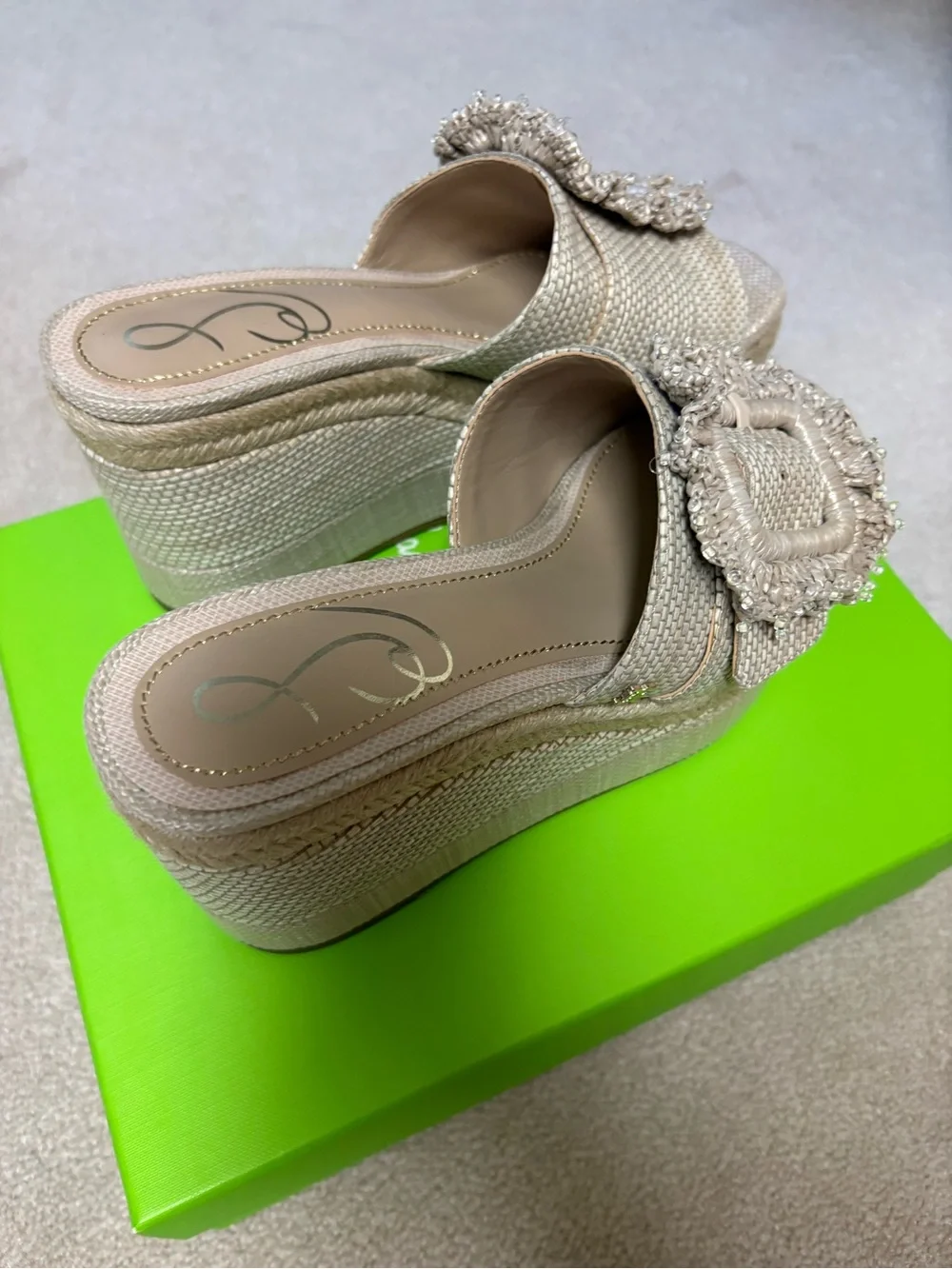Sam Edelman Beige Woven Platform Slide Sandals with Fringed Buckle